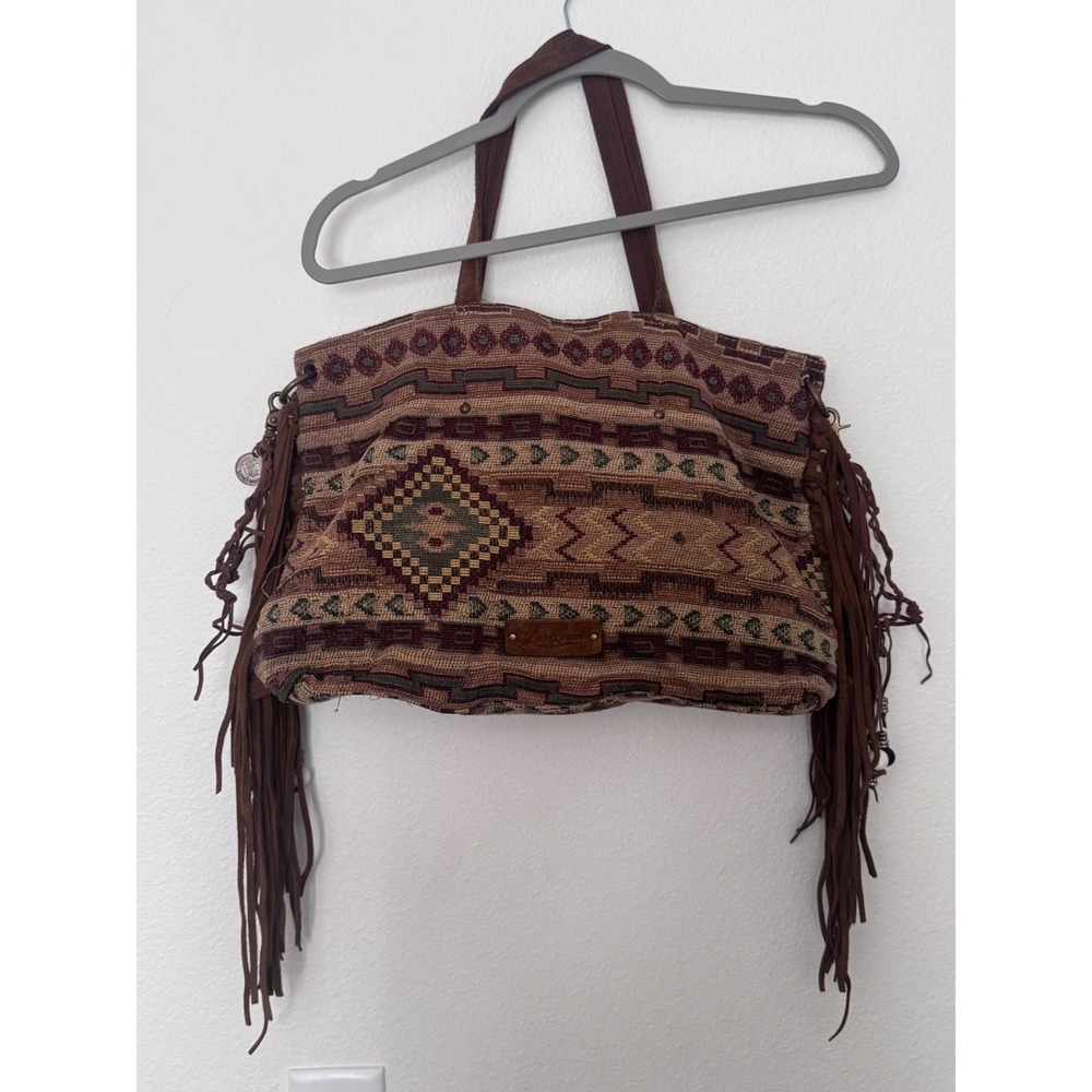Lucky Brand Southwestern Tapestry Fringe Tote Bag Boho Western Carpet Bag jj - Picture 3 of 8